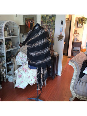 Shawl One Size Black Beige gold fringe